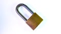 Photograph of a padlock made of brass and steel, white background, isolated
