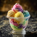 rainbow sherbet ice cream sundae bowl on top of marble table Royalty Free Stock Photo