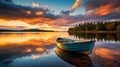 Photograph of a serene scene set at sunset on Lake Ringerike in Norway. A small boat, on calm waters, reflection of sky Royalty Free Stock Photo