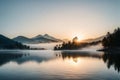 A photograph of A serene sunrise over a tranquil mountain lake