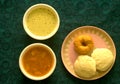 A photograph of a serving of Idli-wada, sambhar and coconut chutney South-India style. Royalty Free Stock Photo