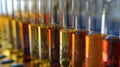 A photograph of several test tubes filled with vibrant liquid samples showcasing the variety of compounds found in Royalty Free Stock Photo