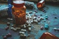 A photograph showcasing a bottle filled with pills placed on top of a table, An eerie depiction of the horrors hidden behind