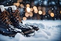 A Photograph showcasing the contrasting tones of winter boots next to freshly fallen snow, capturing the essence of warmth and