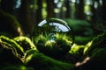 A Photograph showcasing a crystal globe nestled amidst lush green moss