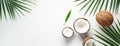 Fresh Coconuts and Palm Leaves on White Background Royalty Free Stock Photo