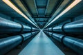 A photograph showcasing a lengthy hallway filled with an abundance of pipes, Industrial pipelines contrasted with minimalistic