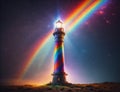 Photograph showcasing a lighthouse emitting colorful lights, suggestive of themes related to hope, happiness, and diversity