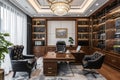 A photograph showcasing an office space with a desk, chairs, and shelves neatly arranged, Business office with a blend of Royalty Free Stock Photo