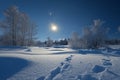 A photograph showcasing a winter landscape with a field blanketed in snow and a full moon shining brightly in the night sky, A Royalty Free Stock Photo