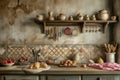 A photograph showing a kitchen filled with numerous pots and pans arranged neatly on the wall, A whimsical, antique kitchen scene Royalty Free Stock Photo