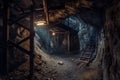 A photograph showing a set of stairs leading up to a mysterious and dark tunnel, A haunted mine with ghost miners still working, Royalty Free Stock Photo