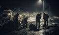 A crew of road workers repairing a highway at night