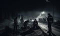 A crew of road workers repairing a highway at night