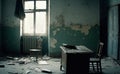 Abandoned classroom after a catastrophe or War. Desolate scene of a once vibrant learning space