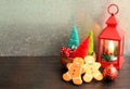 Christmas lantern red colorful trees and gingerbread men Royalty Free Stock Photo