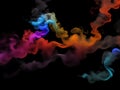 Photograph of a singular flowing colorful smoke stream in black background