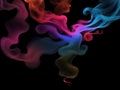 Photograph of a singular flowing colorful smoke stream in black background