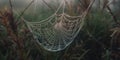 photograph of a spider web at dawn in dew drops. Generative AI