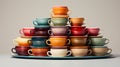 Photograph a stack of colorful tea cups with matching saucers, arranged neatly agains Royalty Free Stock Photo