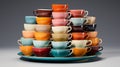 Photograph a stack of colorful tea cups with matching saucers, arranged neatly agains Royalty Free Stock Photo