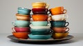 Photograph a stack of colorful tea cups with matching saucers, arranged neatly agains Royalty Free Stock Photo