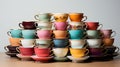 Photograph a stack of colorful tea cups with matching saucers, arranged neatly agains Royalty Free Stock Photo