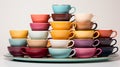 Photograph a stack of colorful tea cups with matching saucers, arranged neatly agains Royalty Free Stock Photo