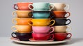 Photograph a stack of colorful tea cups with matching saucers, arranged neatly agains Royalty Free Stock Photo