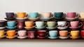 Photograph a stack of colorful tea cups with matching saucers, arranged neatly agains Royalty Free Stock Photo