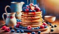 Photograph of a stack of fluffy pancakes topped with fresh berries and drizzled with maple syrup. Royalty Free Stock Photo