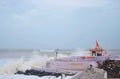 Temple on an Island in Sea surrounded by Stormy Oceanic Wind Waves during Vayu Cyclone - Devbhumi Dwarka, Gujarat, India