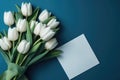 Photograph Of Top View Of Copy Space And Blue Envelope And Bouquet Of White Tulips With Copy Paste Blue Background. Generative AI