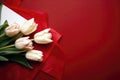 Photograph Of Top View Of Copy Space And Red Envelope And Bouquet Of White Tulips With Copy Paste Red Background. Generative AI