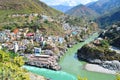 Himalayan Landscape Devprayag at Confluence of Rivers Alaknanda and Bhagirathi - along Ganges - Tehri Garhwal, Uttarakhand, India Royalty Free Stock Photo