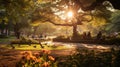 A photograph of a tranquil park with benches under shady trees, children playing and birds singing.