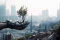 Photograph of Two hands of a robot holding the green tree