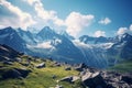 Photograph of a view of the Alps and green fields. sunrise winter Royalty Free Stock Photo