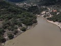 Aerial view of a river with polluted waters