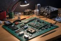 Photograph of a well-lit electronics workspace with a green circuit board tools and various electronic components on a wooden Royalty Free Stock Photo