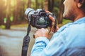 Photographer asian man travel  nature. Travel relax. Nature Study. At public park in summer. National park doi inthanon in Royalty Free Stock Photo