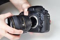 Photographer with big lens and digital SLR camera Royalty Free Stock Photo
