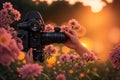 photographer and camera between flowers in nature at sunset shooting macros Royalty Free Stock Photo