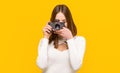 Photographer camera photo, photographing girl joy make photography taking concept. Girl with a cameras. Woman holding Royalty Free Stock Photo