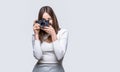 Photographer camera photo, photographing girl joy make photography taking concept. Girl with a cameras. Woman holding Royalty Free Stock Photo