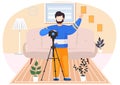 Photographer with a camera and a tripod in the apartment. Professional photo session at home Royalty Free Stock Photo