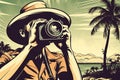 Photographer with camera at the tropical beach at sunset. Vintage poster design in style of 1960s. Generative Ai illustration