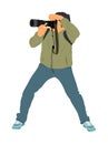 Photographer with camera vector illustration. Paparazzi shooting on the event. Photo reporter on duty. Sport photography.