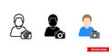 Photographer cameraman icon of 3 types color, black and white, outline. Isolated vector sign symbol