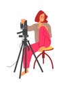 Photographer. Cartoon woman with professional camera on tripod. Young person sits on chair and takes pictures. Female